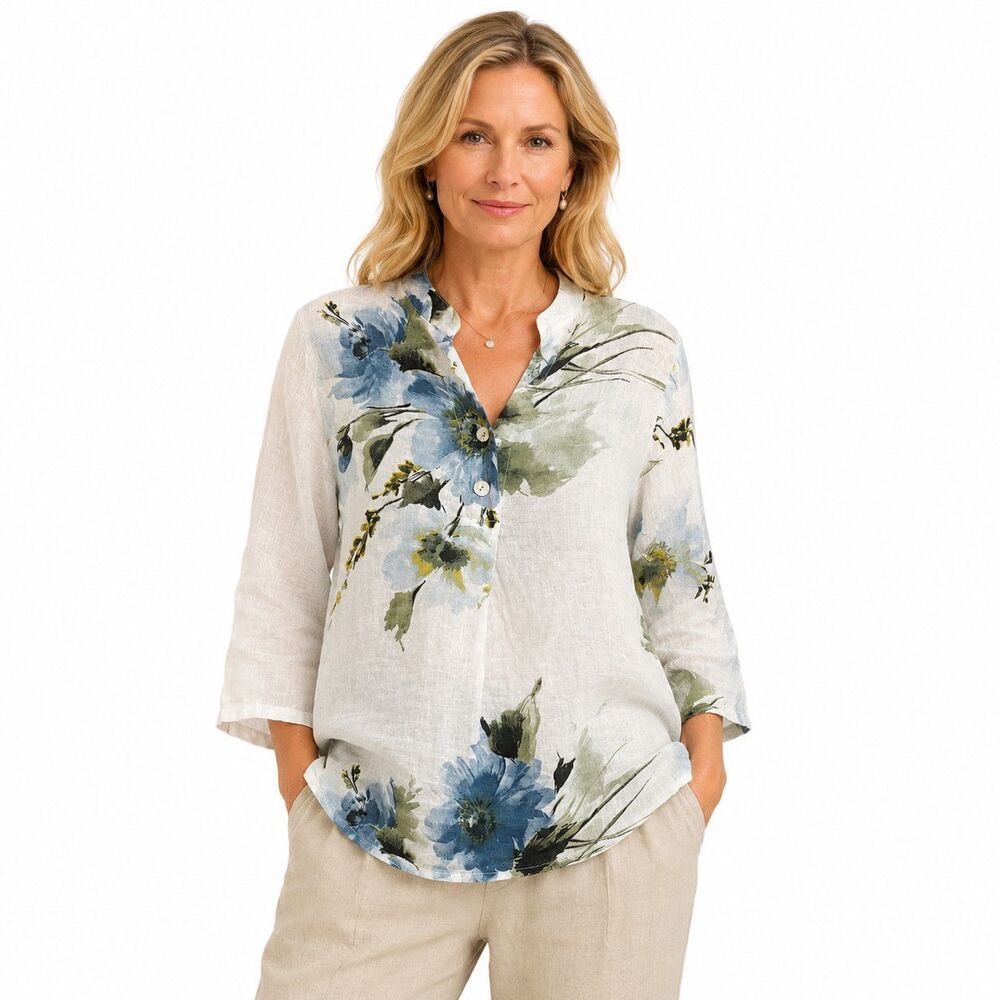 Gigi Moda Tunic Blouse Womens One Size White Floral Linen 3/4 Sleeve Top Italy